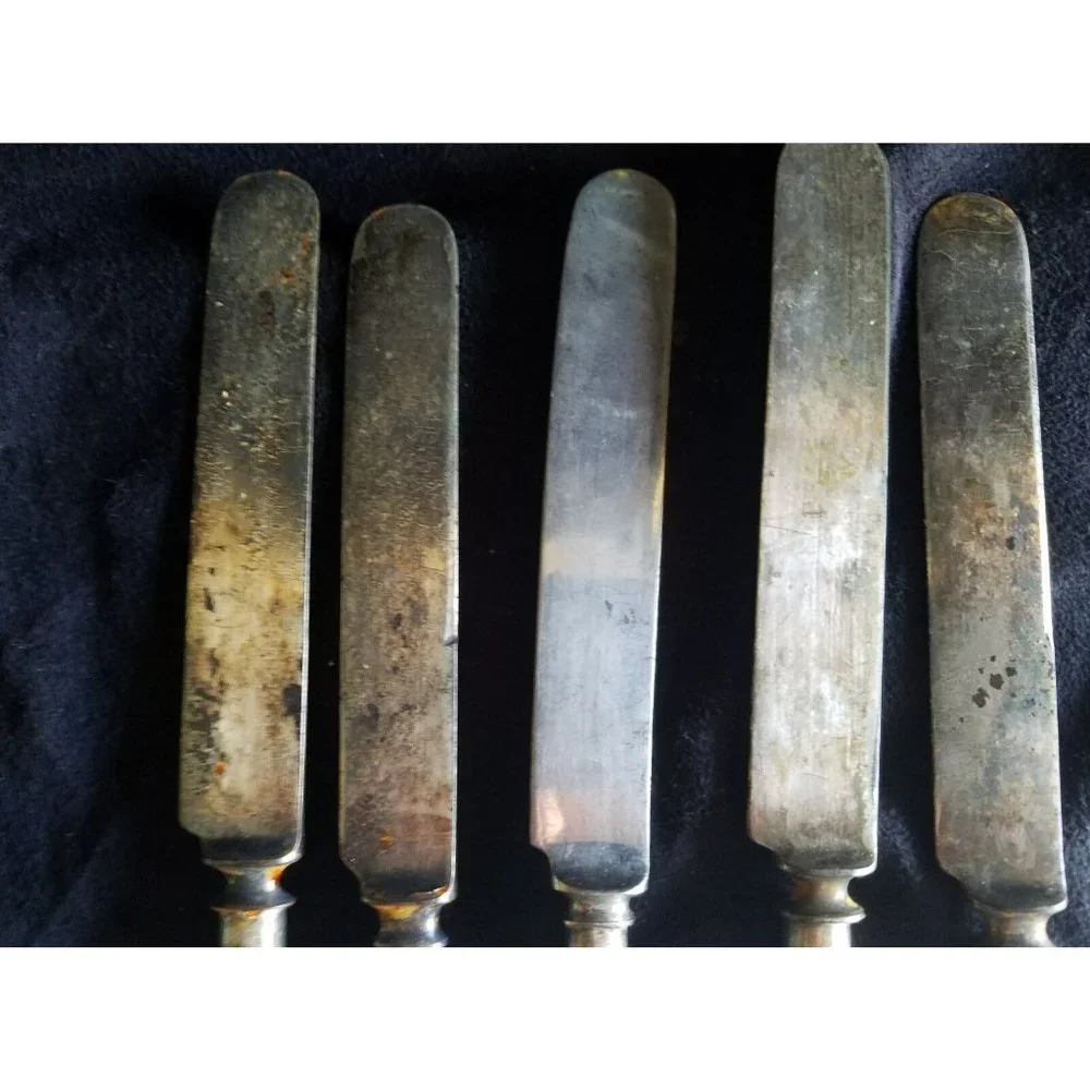 ANTIQUE SHEFFIELD A.1.PLATE 5 Knifes + 3 Forks MOTHER PEARL HANDLE STERLING CAP